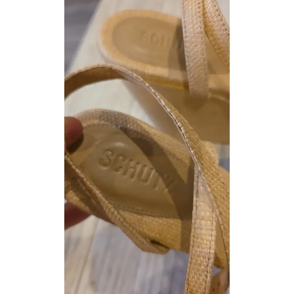 Schutz Neith Raffia Wedge Sandal Womens 10.5 Beige Ankle Strap Platform Peep Toe